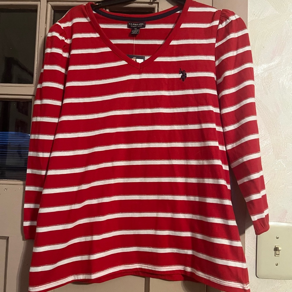 Polo by Ralph Lauren Red and White Striped V-Neck Tee